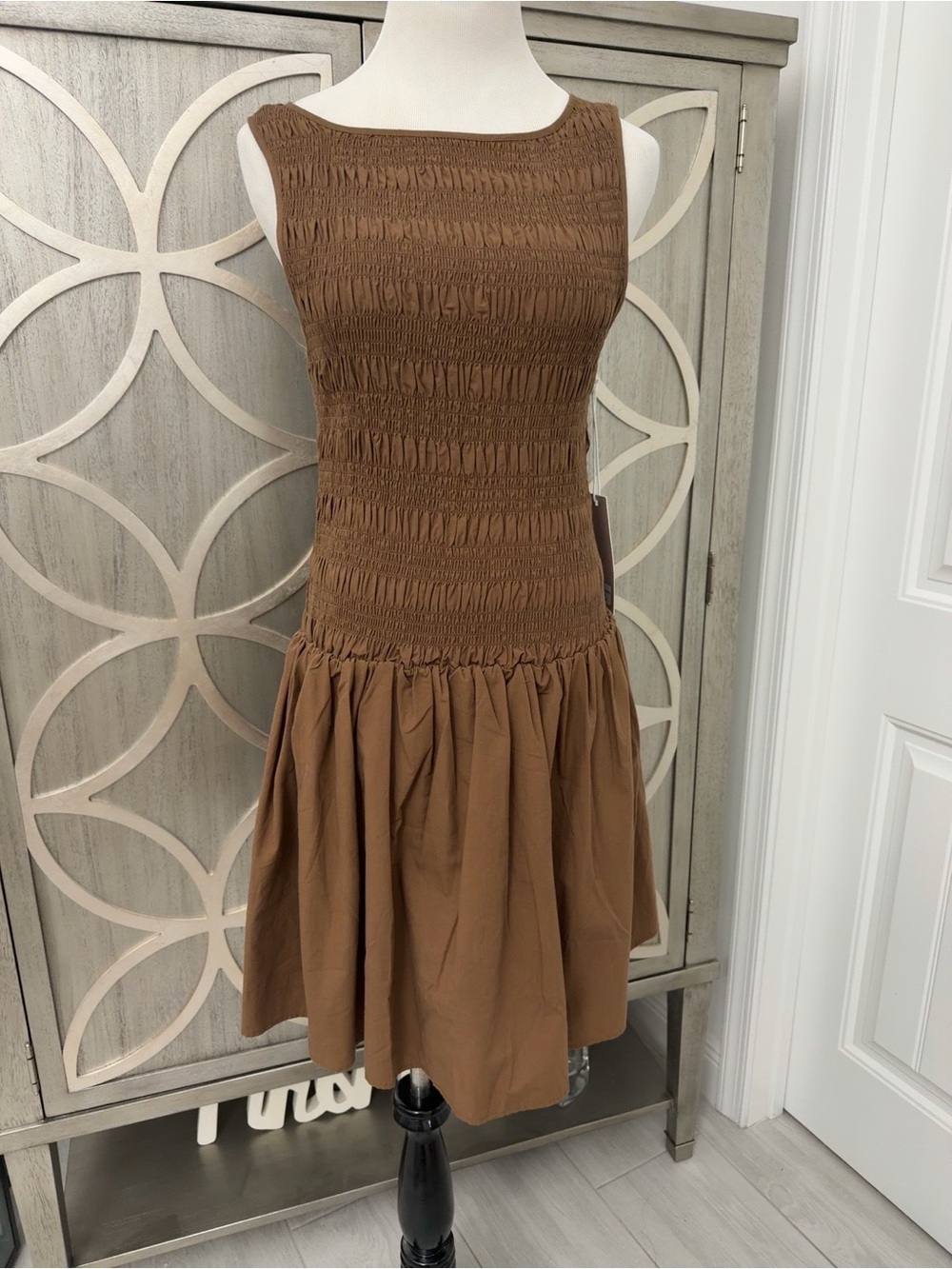 Smocked Bodice Sleeveless Midi Dress in Brown - Picture 2 of 5